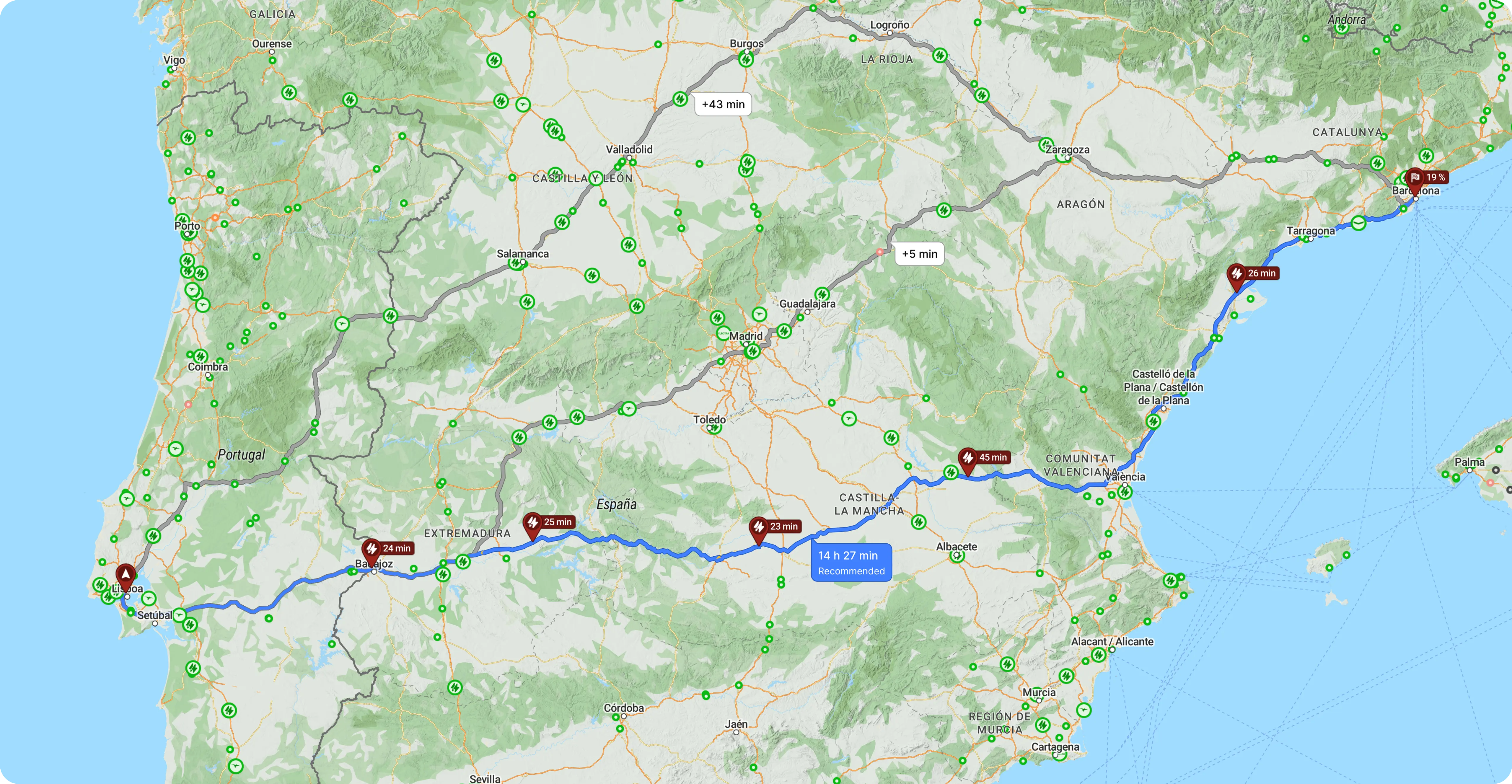 EV route planning map showing charging stops