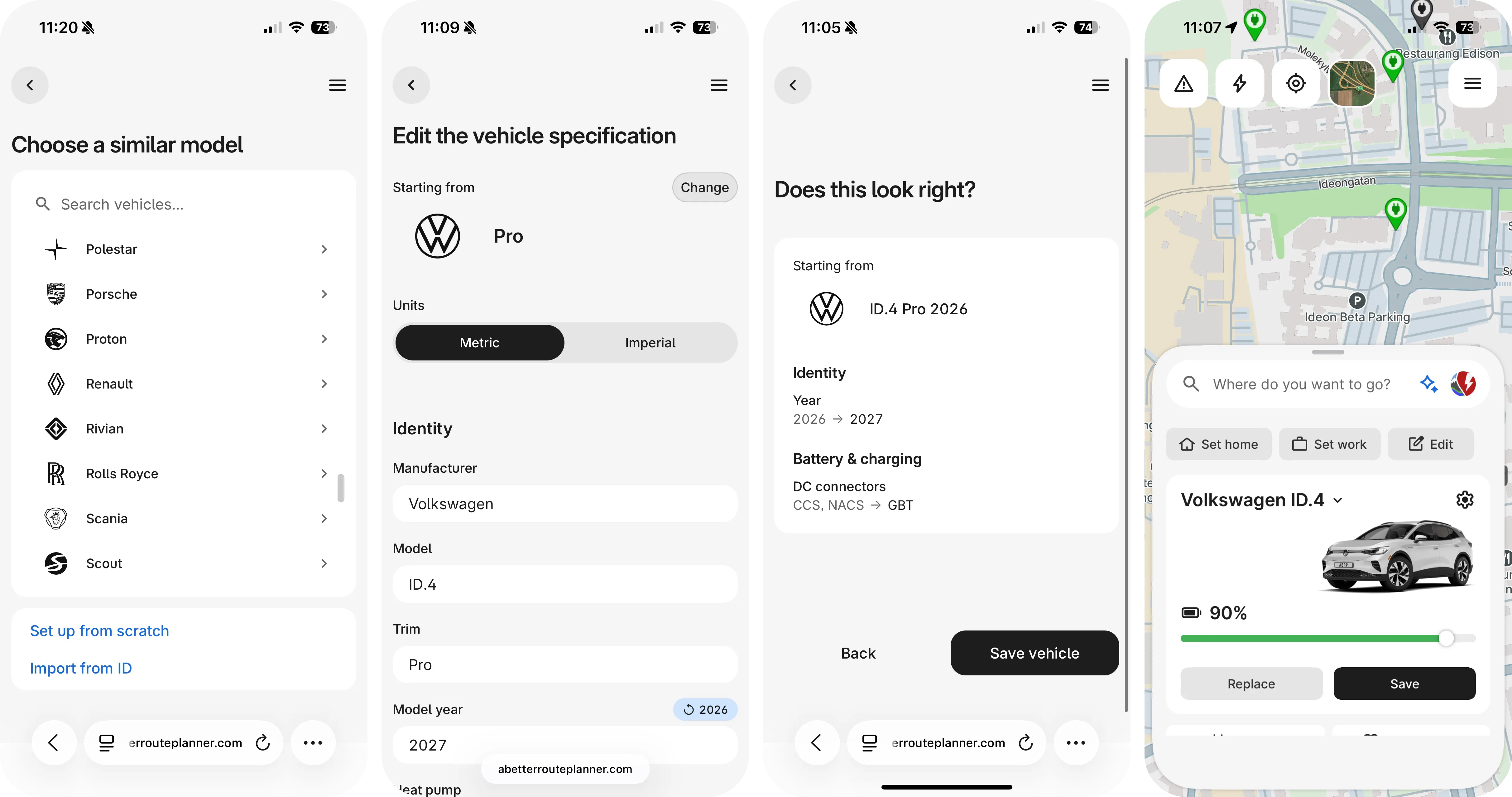 The flow on a phone: pick a similar model, edit the specification, review and save, then drive with the new vehicle selected in the app