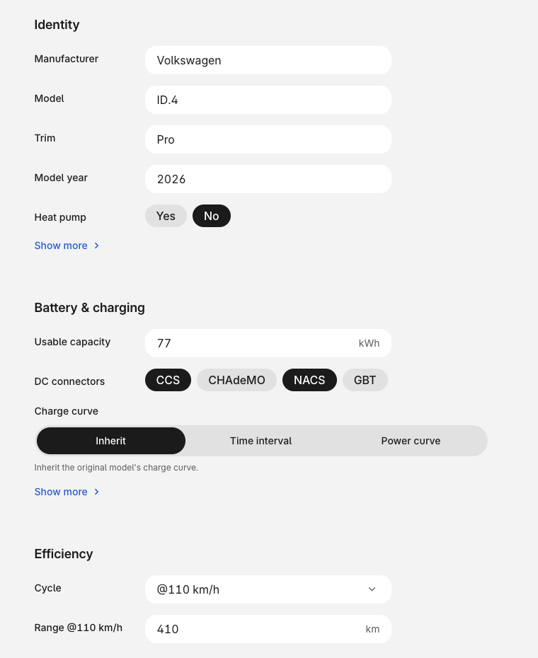The model builder form: identity, battery and charging, and efficiency